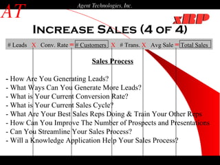 Increase Sales (4 of 4) AT Agent Technologies, Inc. # Leads  X   Conv. Rate  =  # Customers  X   # Trans.  X   Avg Sale  =  Total Sales   Sales Process -  How Are You Generating Leads?  - What Ways Can You Generate More Leads? - What is Your Current Conversion Rate? - What is Your Current Sales Cycle? - What Are Your Best Sales Reps Doing & Train Your Other Reps - How Can You Improve The Number of Prospects and Presentations - Can You Streamline Your Sales Process? - Will a Knowledge Application Help Your Sales Process? 