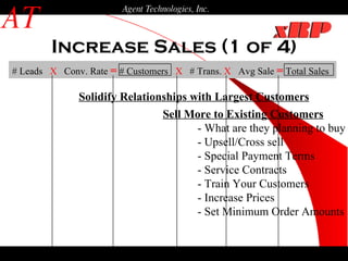 Increase Sales (1 of 4) AT Agent Technologies, Inc. # Leads  X   Conv. Rate  =  # Customers  X   # Trans.  X   Avg Sale  =  Total Sales   Solidify Relationships with Largest Customers Sell More to Existing Customers - What are they planning to buy - Upsell/Cross sell - Special Payment Terms - Service Contracts - Train Your Customers - Increase Prices - Set Minimum Order Amounts 