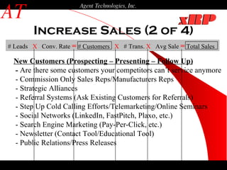 Increase Sales (2 of 4) AT Agent Technologies, Inc. # Leads  X   Conv. Rate  =  # Customers  X   # Trans.  X   Avg Sale  =  Total Sales   New Customers (Prospecting – Presenting – Follow Up) -  Are there some customers your competitors can’t service anymore - Commission Only Sales Reps/Manufacturers Reps - Strategic Alliances - Referral Systems (Ask Existing Customers for Referrals) - Step Up Cold Calling Efforts/Telemarketing/Online Seminars - Social Networks (LinkedIn, FastPitch, Plaxo, etc.) - Search Engine Marketing (Pay-Per-Click, etc.) - Newsletter (Contact Tool/Educational Tool) - Public Relations/Press Releases 