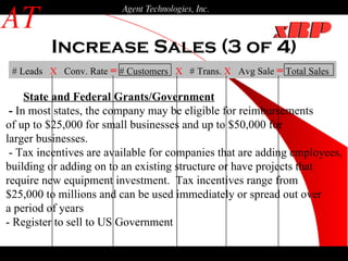Increase Sales (3 of 4) AT Agent Technologies, Inc. # Leads  X   Conv. Rate  =  # Customers  X   # Trans.  X   Avg Sale  =  Total Sales   State and Federal Grants/Government -  In most states, the company may be eligible for reimbursements of up to $25,000 for small businesses and up to $50,000 for  larger businesses.    - Tax incentives are available for companies that are adding employees,  building or adding on to an existing structure or have projects that  require new equipment investment.  Tax incentives range from  $25,000 to millions and can be used immediately or spread out over  a period of years - Register to sell to US Government 