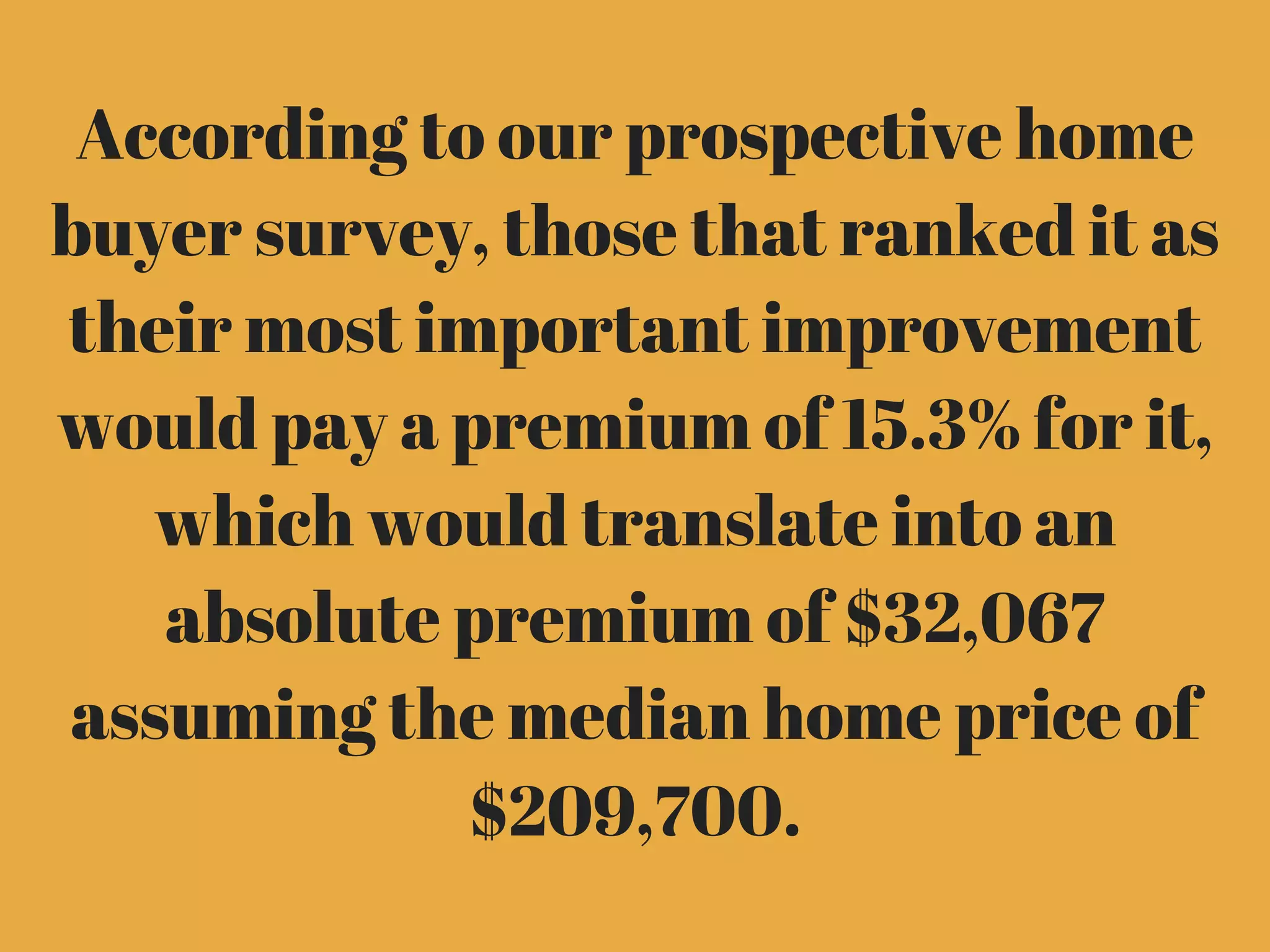 According to our prospective home
buyer survey, those that ranked it as
their most important improvement
would pay a premium of 15.3% for it,
which would translate into an
absolute premium of $32,067
assuming the median home price of
$209,700.
 
