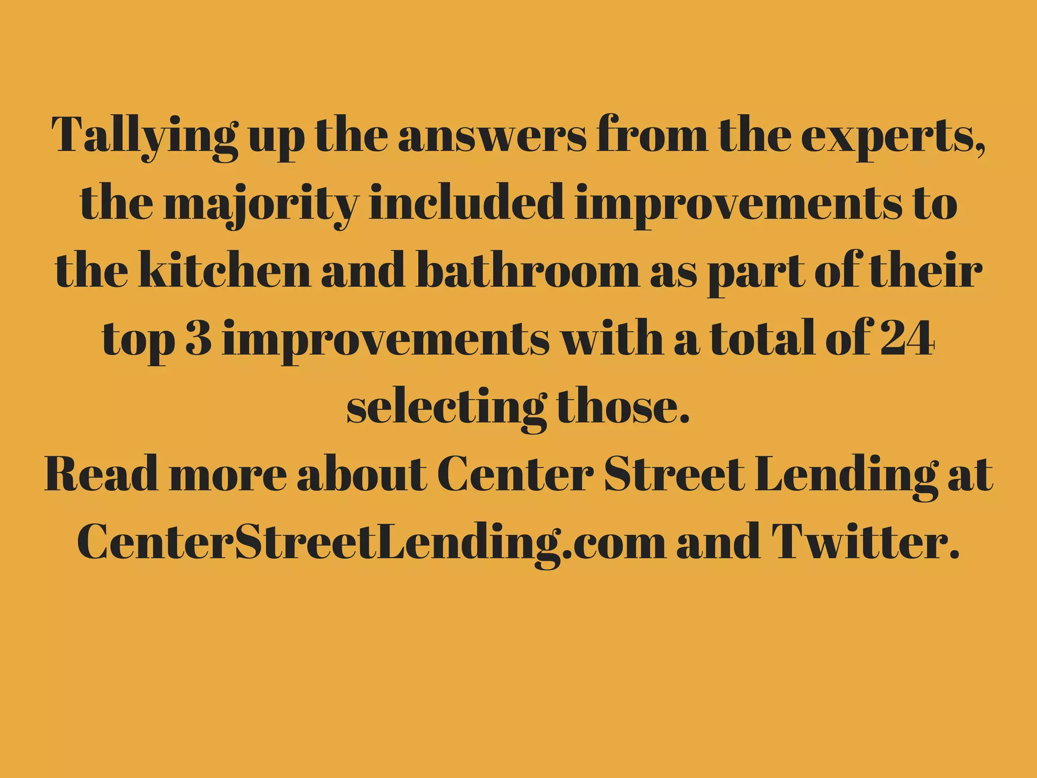 Tallying up the answers from the experts,
the majority included improvements to
the kitchen and bathroom as part of their
top 3 improvements with a total of 24
selecting those.
Read more about Center Street Lending at
CenterStreetLending.com and Twitter.
 