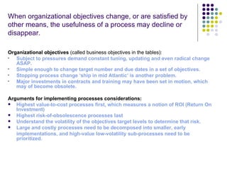 When organizational objectives change, or are satisfied by
other means, the usefulness of a process may decline or
disappear. 

Organizational objectives (called business objectives in the tables):
•  Subject to pressures demand constant tuning, updating and even radical change 
   ASAP. 
•  Simple enough to change target number and due dates in a set of objectives.
•  Stopping process change ‘ship in mid Atlantic’ is another problem. 
•  Major investments in contracts and training may have been set in motion, which 
   may of become obsolete.

Arguments for implementing processes considerations:
  Highest value-to-cost processes first, which measures a notion of ROI (Return On 
   Investment)
  Highest risk-of-obsolescence processes last
  Understand the volatility of the objectives target levels to determine that risk.
  Large and costly processes need to be decomposed into smaller, early
   implementations, and high-value low-volatility sub-processes need to be 
   prioritized. 
 