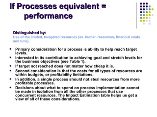 If Processes equivalent = 
     performance
    Distinguished by:
    Use of the limited, budgeted resources (ex. human resources, financial costs 
    and time).

    Primary consideration for a process is ability to help reach target 
     levels. 
    Interested in its contribution to achieving goal and stretch levels for 
     the business objectives (see Table 1). 
    If target not reached does not matter how cheap it is. 
    Second consideration is that the costs for all types of resources are 
     within budgets, or profitability limitations.
    In addition, a single process should not steal resources from more 
     profitable processes. 
    Decisions about what to spend on process implementation cannot 
     be made in isolation from all the other processes that use 
     concurrent resources. The Impact Estimation table helps us get a 
     view of all of these considerations.
 