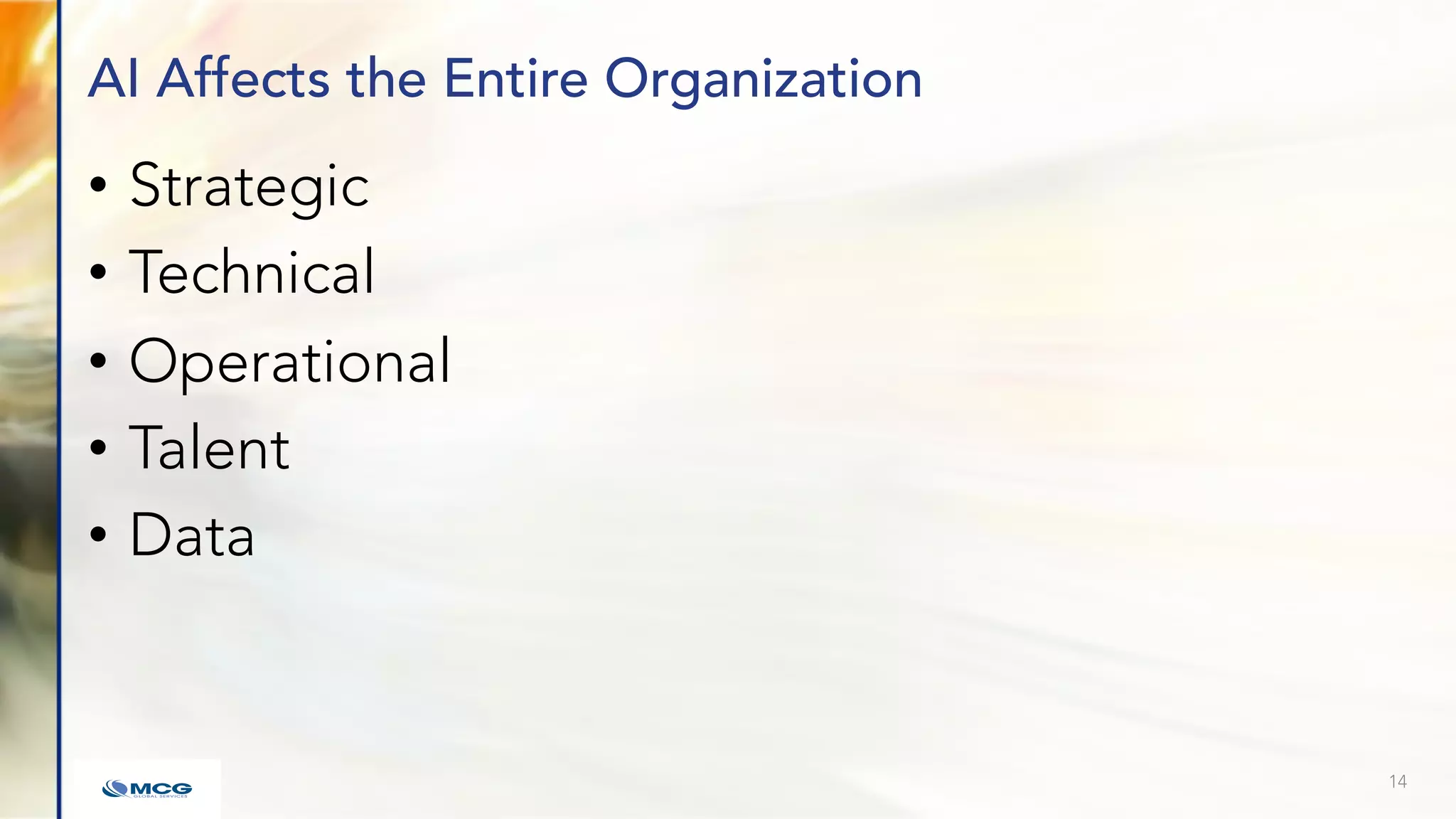 AI Affects the Entire Organization
• Strategic
• Technical
• Operational
• Talent
• Data
14
 