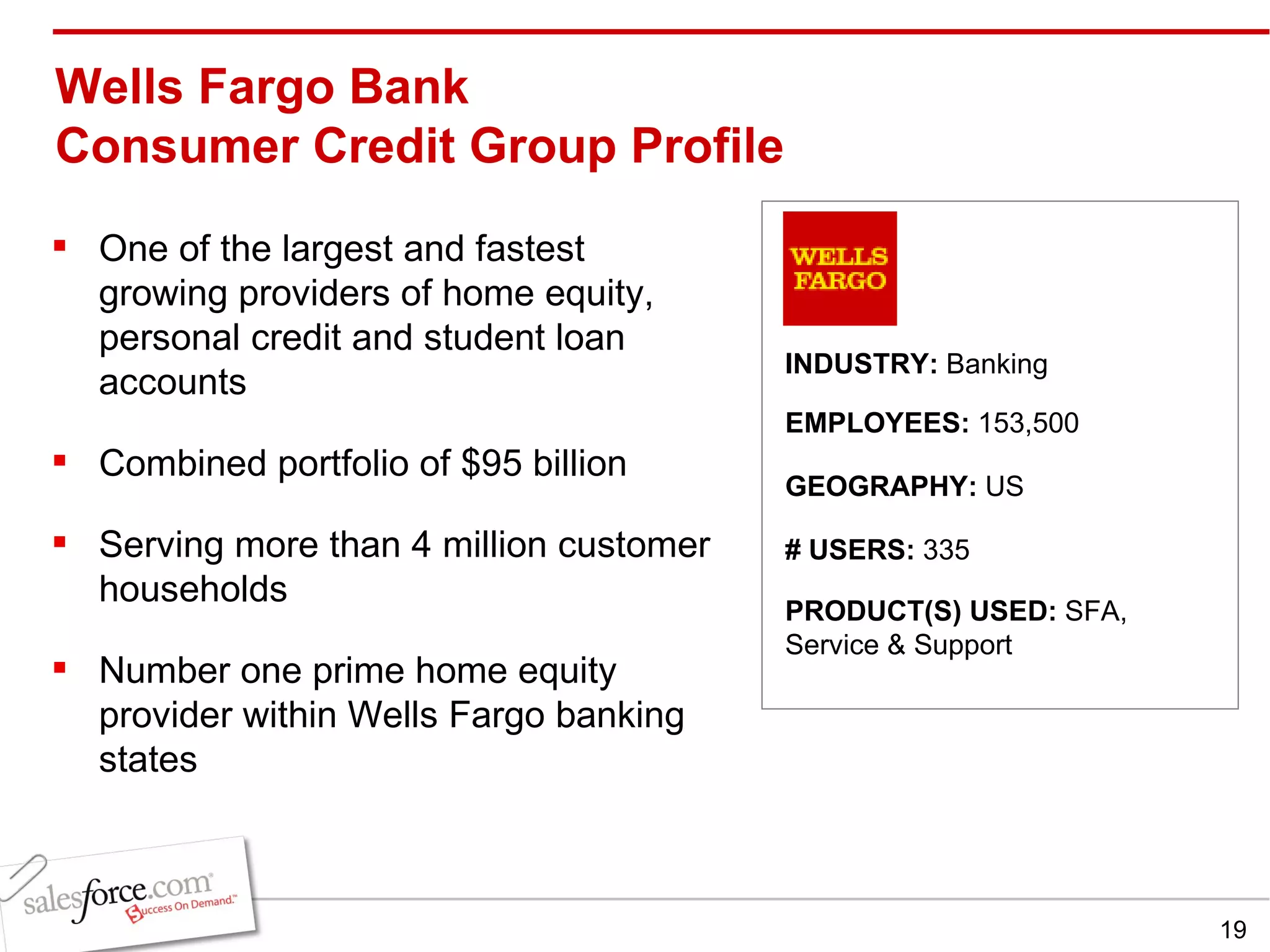 Wells Fargo Bank  Consumer Credit Group Profile One of the largest and fastest growing providers of home equity, personal credit and student loan accounts Combined portfolio of $95 billion Serving more than 4 million customer households Number one prime home equity provider within Wells Fargo banking states INDUSTRY:  Banking EMPLOYEES:  153,500 GEOGRAPHY:  US PRODUCT(S) USED:  SFA, Service & Support # USERS:  335 