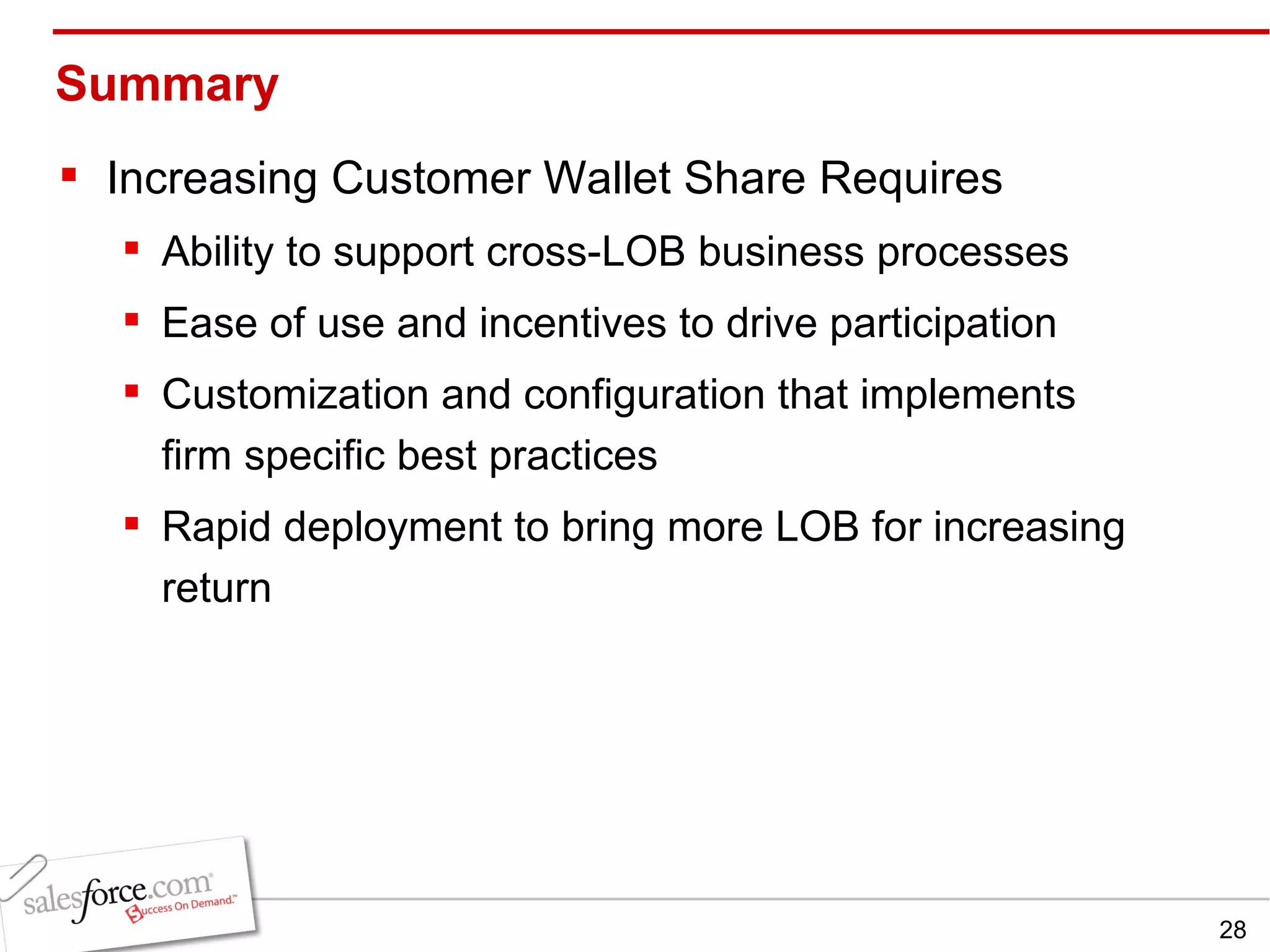 Summary Increasing Customer Wallet Share Requires Ability to support cross-LOB business processes Ease of use and incentives to drive participation Customization and configuration that implements firm specific best practices Rapid deployment to bring more LOB for increasing return 
