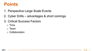 3
3
Points
1. Perspective Large Scale Events
2. Cyber Drills – advantages & short comings
3. Critical Success Factors
o Ti...