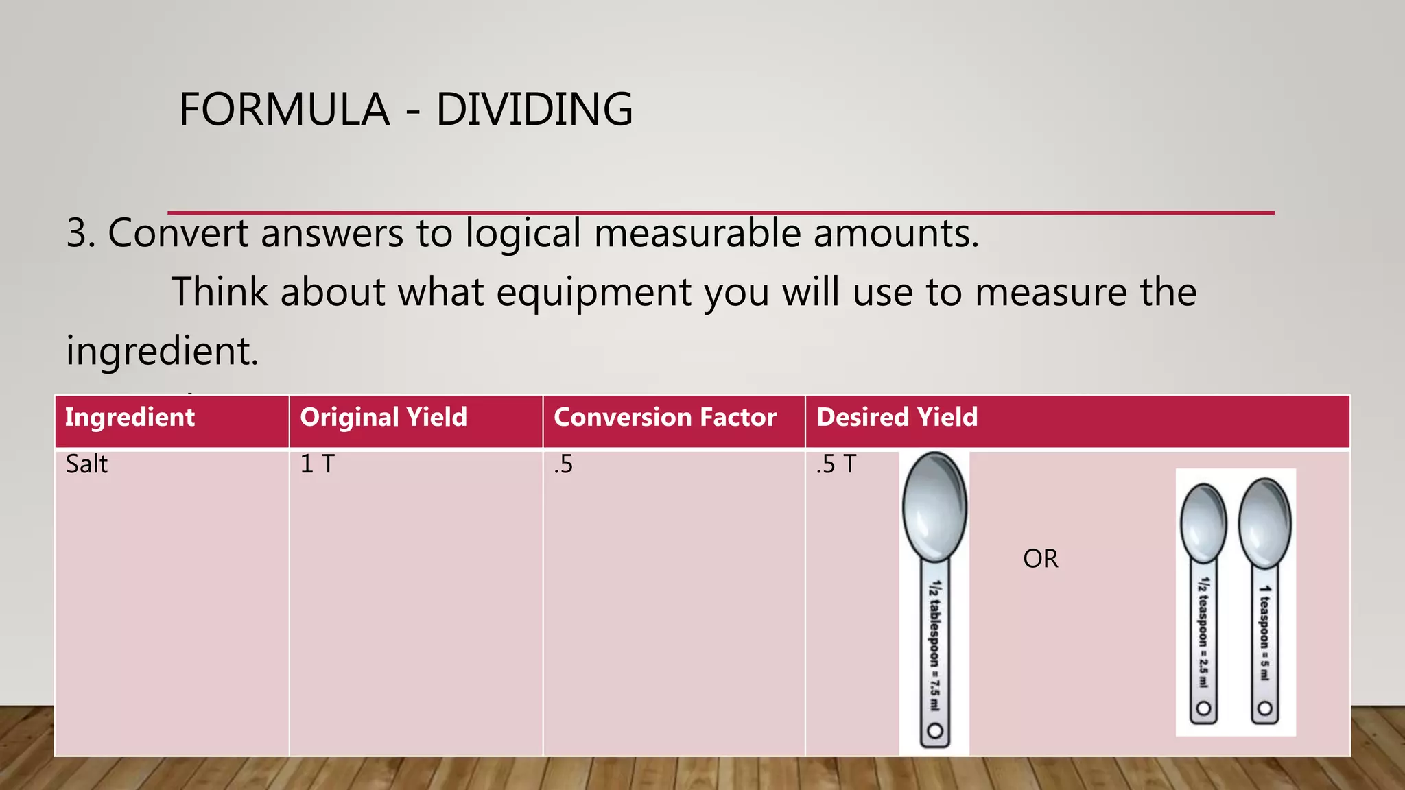 FORMULA - DIVIDING
3. Convert answers to logical measurable amounts.
Think about what equipment you will use to measure the
ingredient.
Example:
Ingredient Original Yield Conversion Factor Desired Yield
Salt 1 T .5 .5 T
OR
 