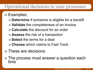 Operational decisions in your processes
 Examples:
   Determine if someone is eligible for a benefit
   Validate the completeness of an invoice
   Calculate the discount for an order
   Assess the risk of a transaction
   Select the terms for a deal
   Choose which claims to Fast Track
 These are decisions
 The process must answer a question each
 time
                              ©2011 Decision Management Solutions   19
 