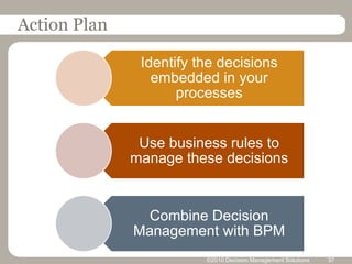 Action Plan

               Identify the decisions
                 embedded in your
                     processes


               Use business rules to
              manage these decisions


                Combine Decision
              Management with BPM
                         ©2010 Decision Management Solutions   37
 