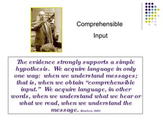 The evidence strongly supports a simple hypothesis.  We acquire language in only one way:  when we understand messages; that is, when we obtain “comprehensible input.”  We acquire language, in other words, when we understand what we hear or what we read, when we understand the message.  Krashen, 2003 Comprehensible  Input 