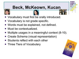Beck, McKeown, Kucan Vocabulary must first be orally introduced. Vocabulary is not grade specific. Words must be explained, not defined. Must be contextualized. Multiple usages in a meaningful context (8-10). Create Schema (visual representation) Students reflect with each other Three Tiers of Vocabulary 