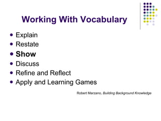 Working With Vocabulary Explain Restate Show Discuss Refine and Reflect Apply and Learning Games Robert Marzano,  Building Background Knowledge 