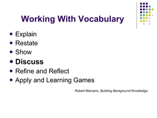 Working With Vocabulary Explain Restate Show Discuss Refine and Reflect Apply and Learning Games Robert Marzano,  Building Background Knowledge 