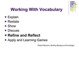 Working With Vocabulary Explain Restate Show Discuss Refine and Reflect Apply and Learning Games Robert Marzano,  Building Background Knowledge 