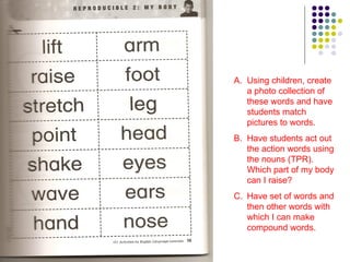 Using children, create a photo collection of these words and have students match pictures to words. Have students act out the action words using the nouns (TPR).  Which part of my body can I raise? Have set of words and then other words with which I can make compound words. 