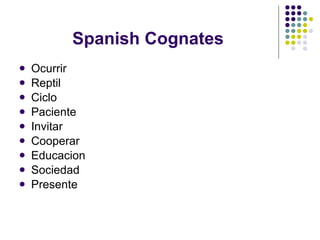 Spanish Cognates Ocurrir Reptil Ciclo Paciente Invitar Cooperar Educacion Sociedad Presente 