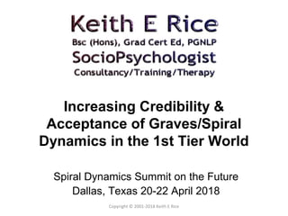 Increasing Credibility &
Acceptance of Graves/Spiral
Dynamics in the 1st Tier World
Spiral Dynamics Summit on the Future
Dallas, Texas 20-22 April 2018
Copyright © 2001-2018 Keith E Rice
 