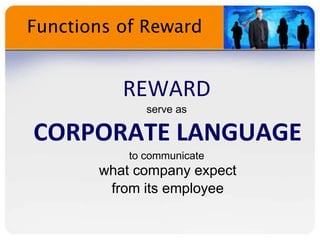 Functions of Reward 
REWARD
serve as
CORPORATE LANGUAGE
to communicate
what company expect
from its employee
 