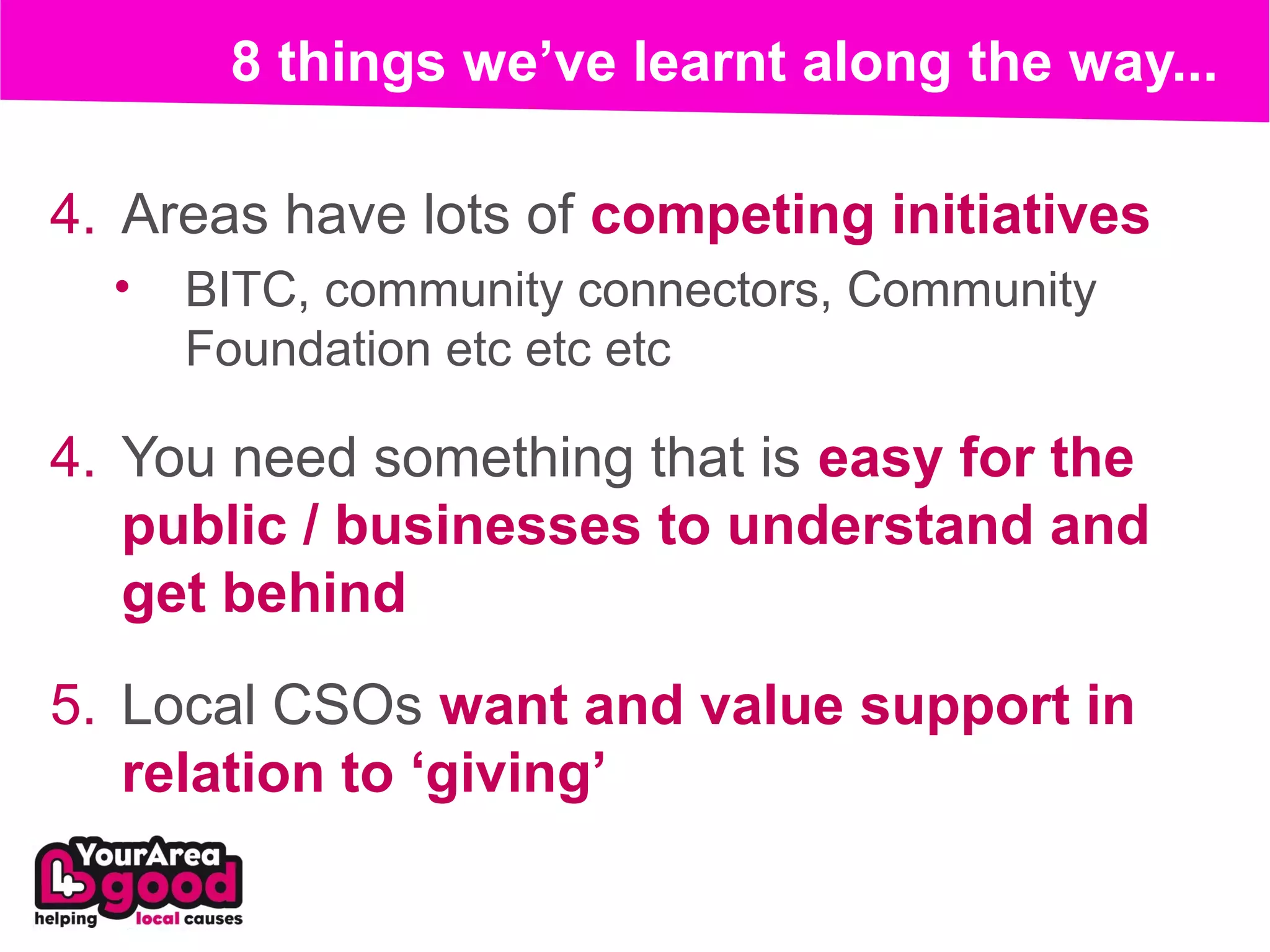 8 things we’ve learnt along the way...

4. Areas have lots of competing initiatives
  •   BITC, community connectors, Community
      Foundation etc etc etc

4. You need something that is easy for the
   public / businesses to understand and
   get behind
5. Local CSOs want and value support in
   relation to ‘giving’
 