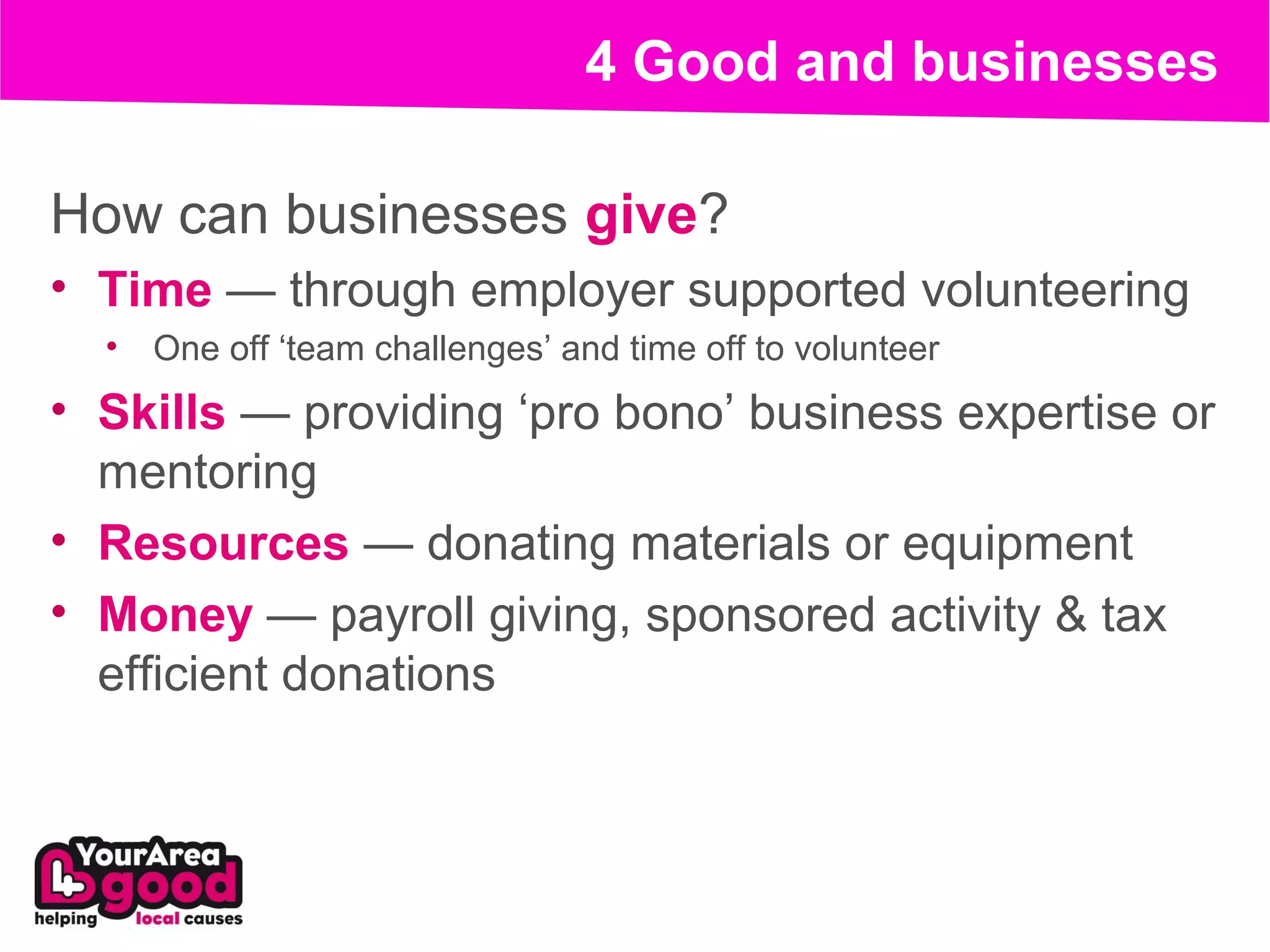 4 Good and businesses

How can businesses give?
• Time — through employer supported volunteering
  •   One off ‘team challenges’ and time off to volunteer
• Skills — providing ‘pro bono’ business expertise or
  mentoring
• Resources — donating materials or equipment
• Money — payroll giving, sponsored activity & tax
  efficient donations
 