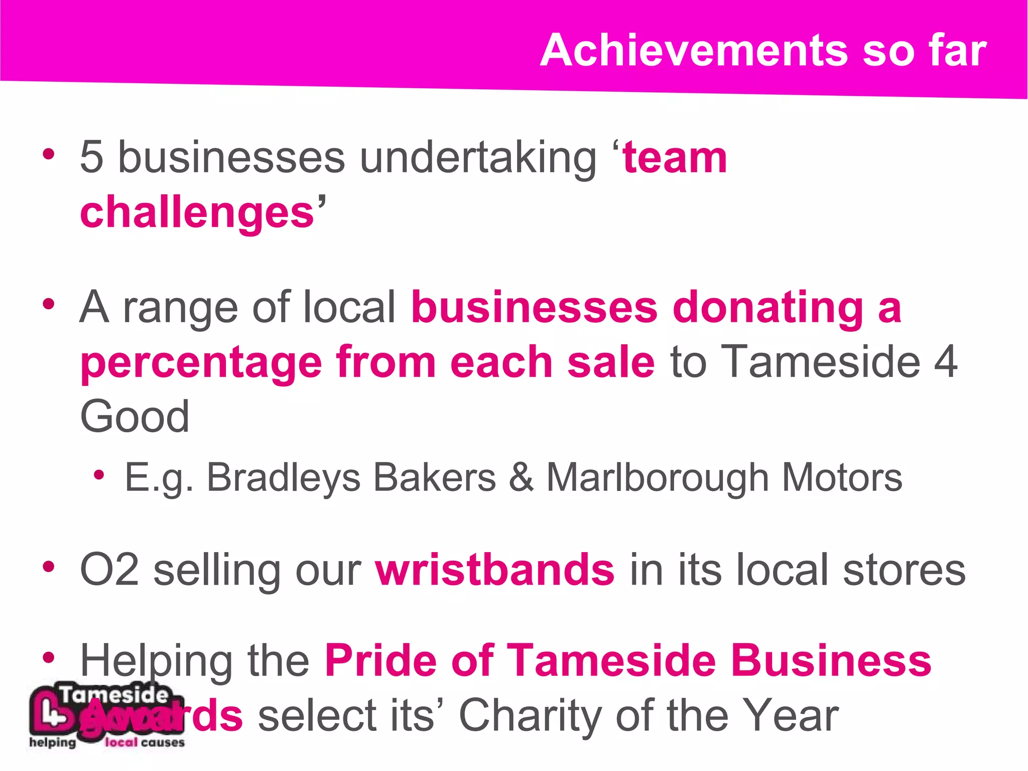 Achievements so far

• 5 businesses undertaking ‘team
  challenges’

• A range of local businesses donating a
  percentage from each sale to Tameside 4
  Good
  • E.g. Bradleys Bakers & Marlborough Motors

• O2 selling our wristbands in its local stores
• Helping the Pride of Tameside Business
  Awards select its’ Charity of the Year
 