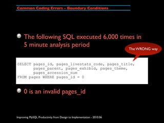Common Coding Errors - Boundary Conditions




     The following SQL executed 6,000 times in
     5 minute analysis perio...