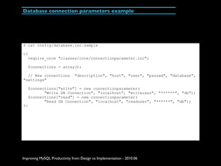 Database connection parameters example




$ cat config/database.inc.sample

<?
   require_once "classes/core/connectionpa...