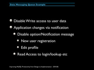 Data Messaging Queue Example




     Disable Write access to user data
     Application changes via notiﬁcation
         ...