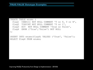 TRUE/FALSE Datatype Examples




CREATE TABLE enums (
   flag1 CHAR(1) NOT NULL COMMENT 'T or F, Y or N',
   flag2 TINYINT...
