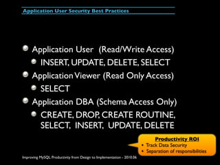 Application User Security Best Practices




     Application User (Read/Write Access)
       INSERT, UPDATE, DELETE, SELE...