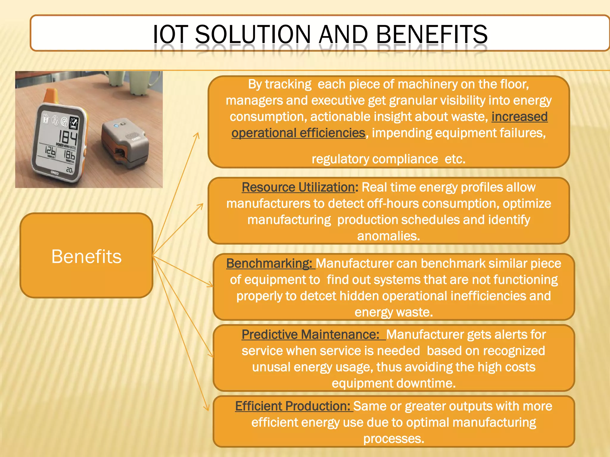 Benefits
By tracking each piece of machinery on the floor,
managers and executive get granular visibility into energy
consumption, actionable insight about waste, increased
operational efficiencies, impending equipment failures,
regulatory compliance etc.
Resource Utilization: Real time energy profiles allow
manufacturers to detect off-hours consumption, optimize
manufacturing production schedules and identify
anomalies.
Benchmarking: Manufacturer can benchmark similar piece
of equipment to find out systems that are not functioning
properly to detcet hidden operational inefficiencies and
energy waste.
IOT SOLUTION AND BENEFITS
Predictive Maintenance: Manufacturer gets alerts for
service when service is needed based on recognized
unusal energy usage, thus avoiding the high costs
equipment downtime.
Efficient Production: Same or greater outputs with more
efficient energy use due to optimal manufacturing
processes.
 