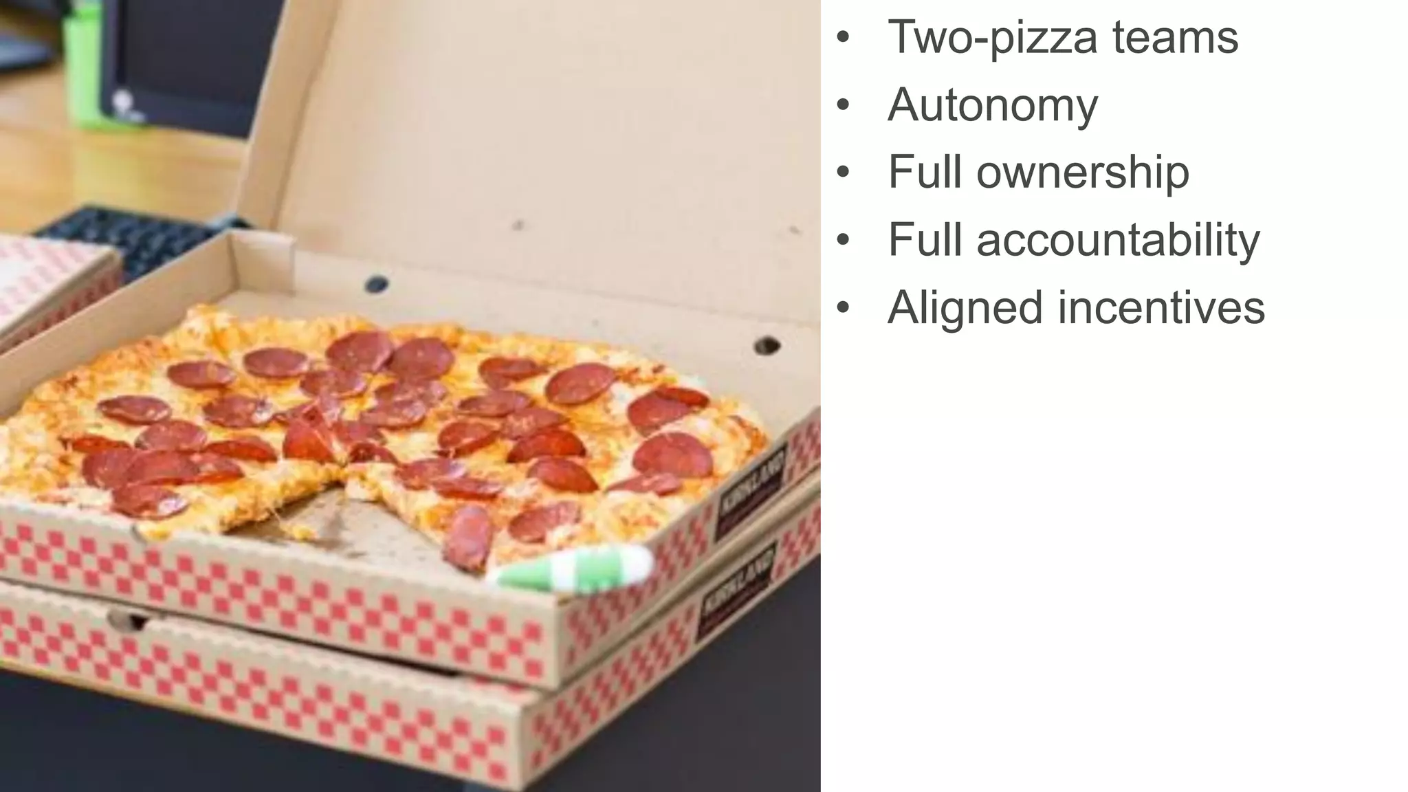 • Two-pizza teams
• Autonomy
• Full ownership
• Full accountability
• Aligned incentives
 