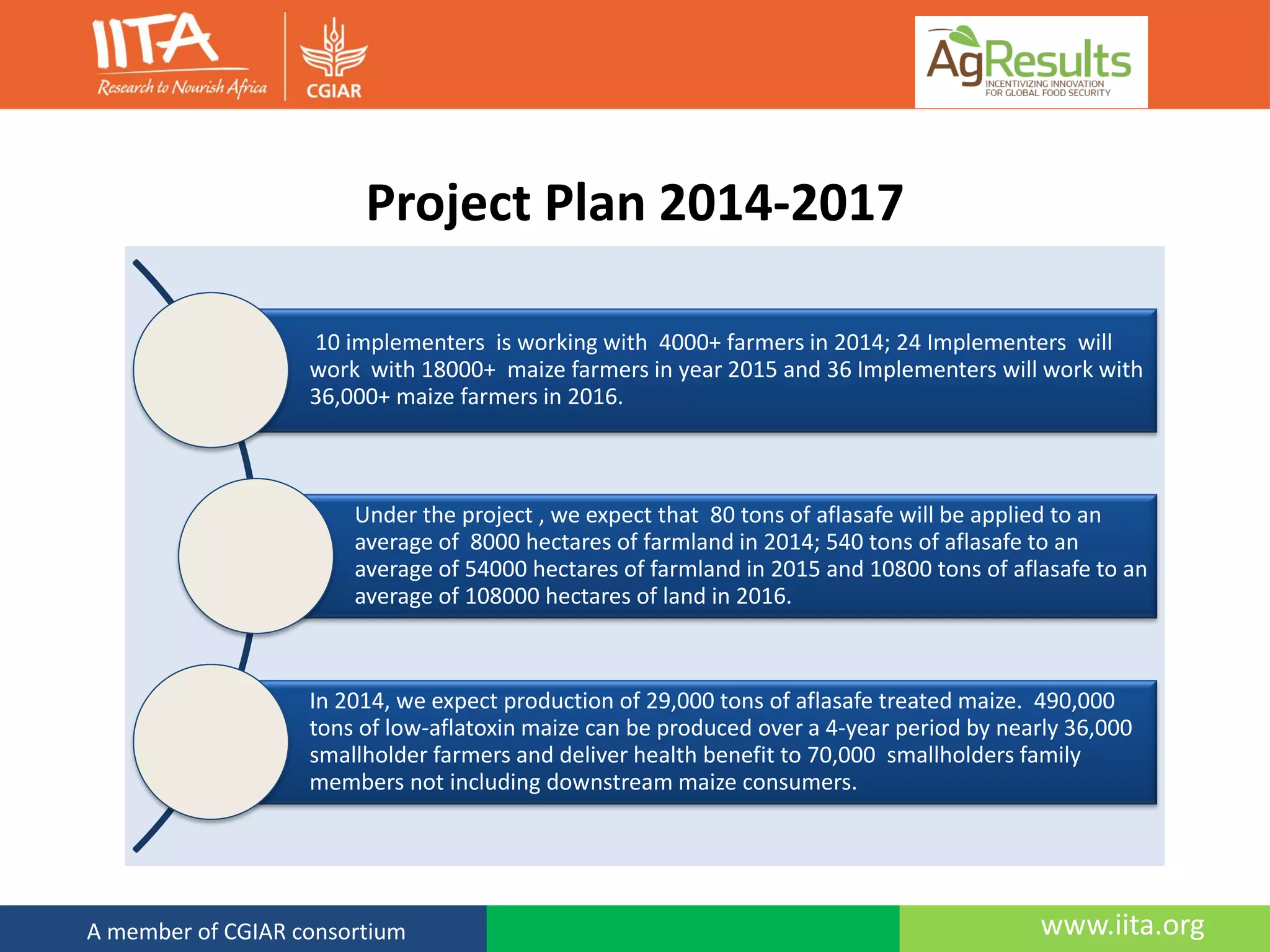 www.iita.orgA member of CGIAR consortium
Project Plan 2014-2017
10 implementers is working with 4000+ farmers in 2014; 24 Implementers will
work with 18000+ maize farmers in year 2015 and 36 Implementers will work with
36,000+ maize farmers in 2016.
Under the project , we expect that 80 tons of aflasafe will be applied to an
average of 8000 hectares of farmland in 2014; 540 tons of aflasafe to an
average of 54000 hectares of farmland in 2015 and 10800 tons of aflasafe to an
average of 108000 hectares of land in 2016.
In 2014, we expect production of 29,000 tons of aflasafe treated maize. 490,000
tons of low-aflatoxin maize can be produced over a 4-year period by nearly 36,000
smallholder farmers and deliver health benefit to 70,000 smallholders family
members not including downstream maize consumers.
 