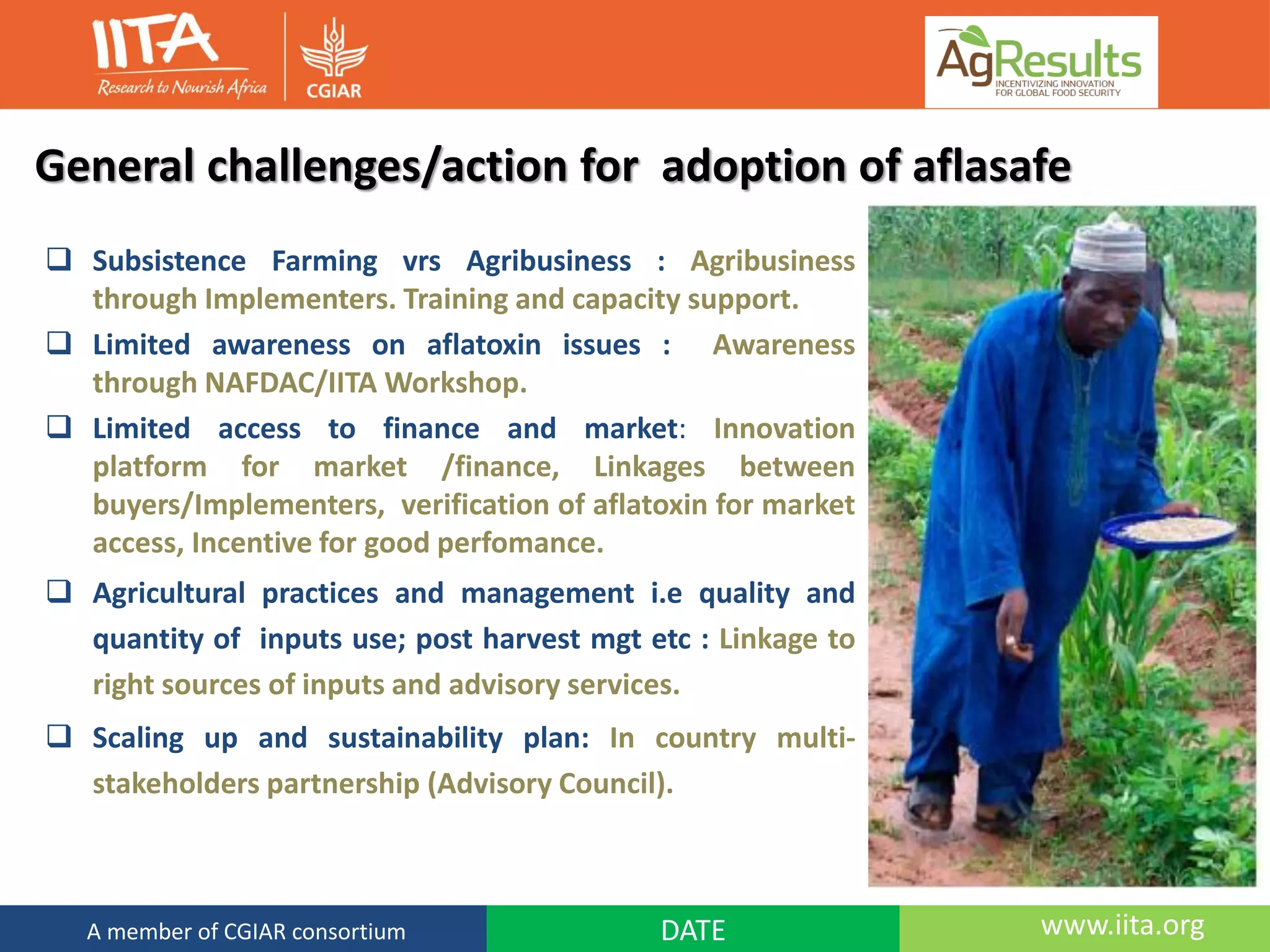 General challenges/action for adoption of aflasafe
 Subsistence Farming vrs Agribusiness : Agribusiness
through Implementers. Training and capacity support.
 Limited awareness on aflatoxin issues : Awareness
through NAFDAC/IITA Workshop.
 Limited access to finance and market: Innovation
platform for market /finance, Linkages between
buyers/Implementers, verification of aflatoxin for market
access, Incentive for good perfomance.
 Agricultural practices and management i.e quality and
quantity of inputs use; post harvest mgt etc : Linkage to
right sources of inputs and advisory services.
 Scaling up and sustainability plan: In country multi-
stakeholders partnership (Advisory Council).
www.iita.orgDATEA member of CGIAR consortium
 