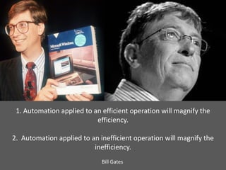 1. Automation applied to an efficient operation will magnify the
                           efficiency.

2. Automation applied to an inefficient operation will magnify the
                          inefficiency.
                             Bill Gates
 