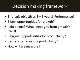 Decision making framework

• Strategic objectives 3 – 5 years? Performance?
• 5 best opportunities for growth?
• Pain points? What keeps you from growth?
  SWOT
• 5 biggest opportunities for productivity?
• Barriers to increasing productivity?
• How will we measure?
 
