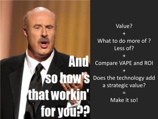 Value?
           +
  What to do more of ?
        Less of?
           +
 Compare VAPE and ROI
           +
Does the technology add
   a strategic value?
           =
       Make it so!
 