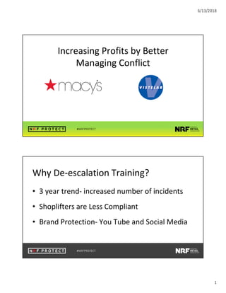 6/13/2018
1
Increasing Profits by Better
Managing Conflict
Why De-escalation Training?
• 3 year trend- increased number of incidents
• Shoplifters are Less Compliant
• Brand Protection- You Tube and Social Media
 