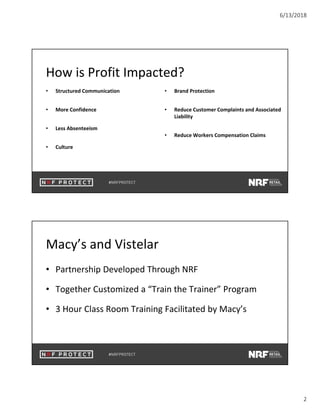 6/13/2018
2
How is Profit Impacted?
• Structured Communication
• More Confidence
• Less Absenteeism
• Culture
• Brand Protection
• Reduce Customer Complaints and Associated
Liability
• Reduce Workers Compensation Claims
Macy’s and Vistelar
• Partnership Developed Through NRF
• Together Customized a “Train the Trainer” Program
• 3 Hour Class Room Training Facilitated by Macy’s
 
