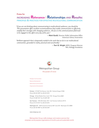 Praise for

INCREASING
PRINCIPLES

Relevance | Relationships AND Results:

& PRACTICES FOR EFFECTIVE MULTICULTURAL COMMUNI...