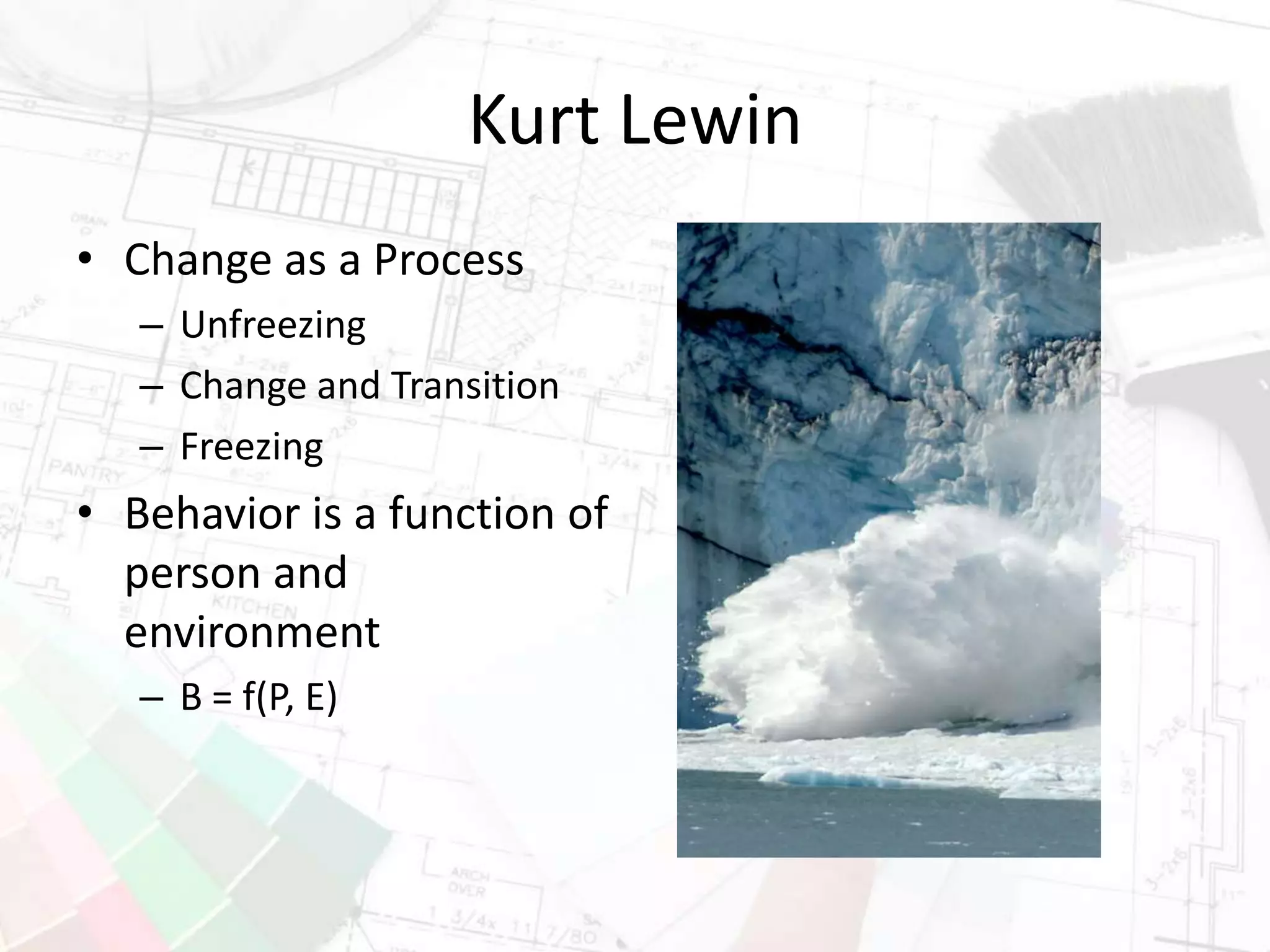 Kurt Lewin
• Change as a Process
– Unfreezing
– Change and Transition
– Freezing
• Behavior is a function of
person and
environment
– B = f(P, E)
 