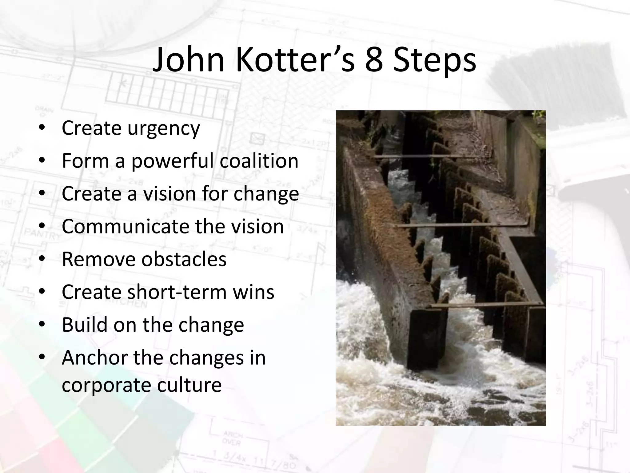 John Kotter’s 8 Steps
• Create urgency
• Form a powerful coalition
• Create a vision for change
• Communicate the vision
• Remove obstacles
• Create short-term wins
• Build on the change
• Anchor the changes in
corporate culture
 
