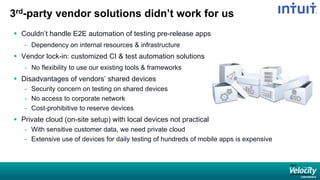 3rd-party vendor solutions didn’t work for us
 Couldn’t handle E2E automation of testing pre-release apps
- Dependency on internal resources & infrastructure
 Vendor lock-in: customized CI & test automation solutions
- No flexibility to use our existing tools & frameworks
 Disadvantages of vendors’ shared devices
- Security concern on testing on shared devices
- No access to corporate network
- Cost-prohibitive to reserve devices
 Private cloud (on-site setup) with local devices not practical
- With sensitive customer data, we need private cloud
- Extensive use of devices for daily testing of hundreds of mobile apps is expensive
 