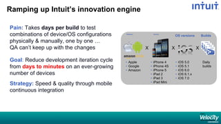 Ramping up Intuit’s innovation engine
Pain: Takes days per build to test
combinations of device/OS configurations
physically & manually, one by one …
QA can’t keep up with the changes
Goal: Reduce development iteration cycle
from days to minutes on an ever-growing
number of devices
Strategy: Speed & quality through mobile
continuous integration
• iPhone 4
• iPhone 4S
• iPhone 5
• iPad 2
• iPad 3
• iPad Mini
Devices
OS versions
• iOS 5.0
• iOS 5.1
• iOS 6.0
• iOS 6.1.x
• iOS 7.0
Builds
X X
Daily
builds
• Apple
• Google
• Amazon
Platforms
X
 