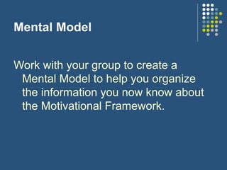 Mental Model
Work with your group to create a
Mental Model to help you organize
the information you now know about
the Motivational Framework.
 