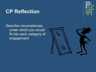 CP Reflection
Describe circumstances
under which you would
fit into each category of
engagement
 