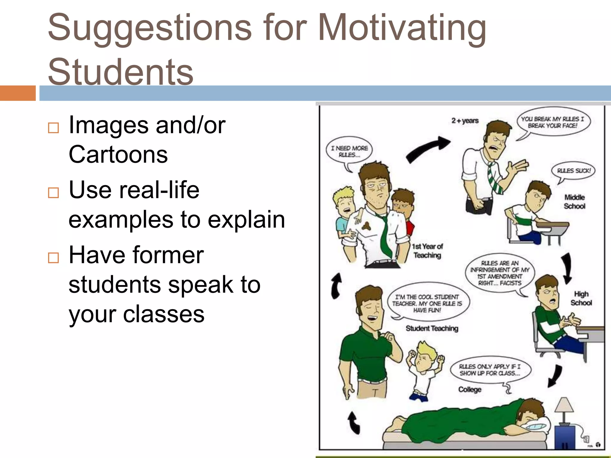 Suggestions for Motivating 
Students 
 Images and/or 
Cartoons 
 Use real-life 
examples to explain 
 Have former 
students speak to 
your classes 
 