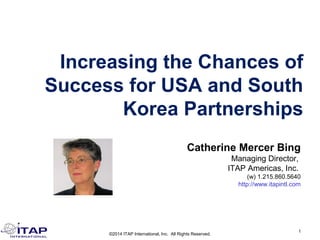 Increasing the Chances of 
Success for USA and South 
Korea Partnerships 
Catherine Mercer Bing 
Managing Director, 
ITAP Americas, Inc. 
(w) 1.215.860.5640 
http://www.itapintl.com 
©2014 ITAP International, Inc. All Rights Reserved. 1 
 